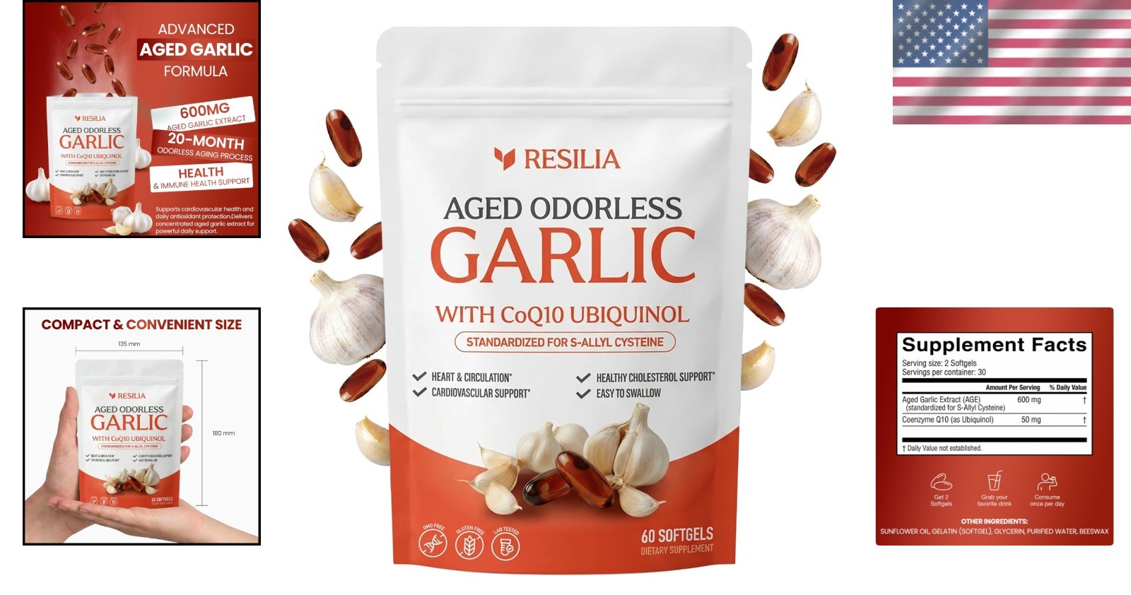 Resilia Garlic Extract 600mg Softgels (60 Count) – Odorless Aged Garlic Extra…
