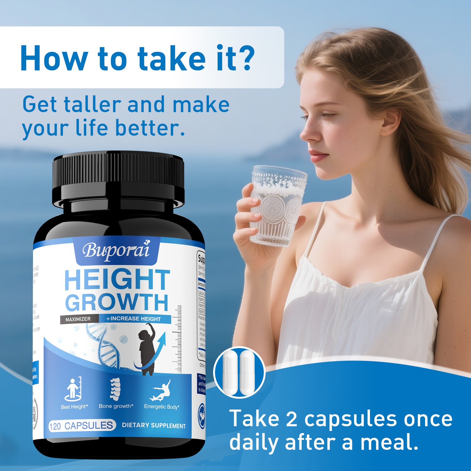 Height Growth – Increase Bone Growth Adults, Teens & Kids, Calcium, Vitamin D3