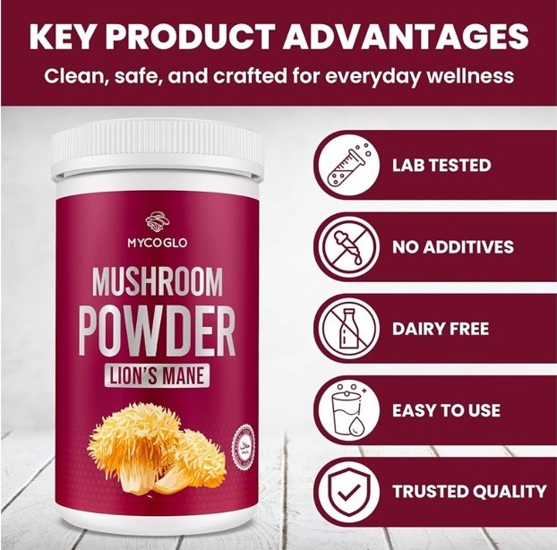 MYCOGLO Lion’s Mane Mushroom Powder 151 Servings Sealed Exp 10/2027