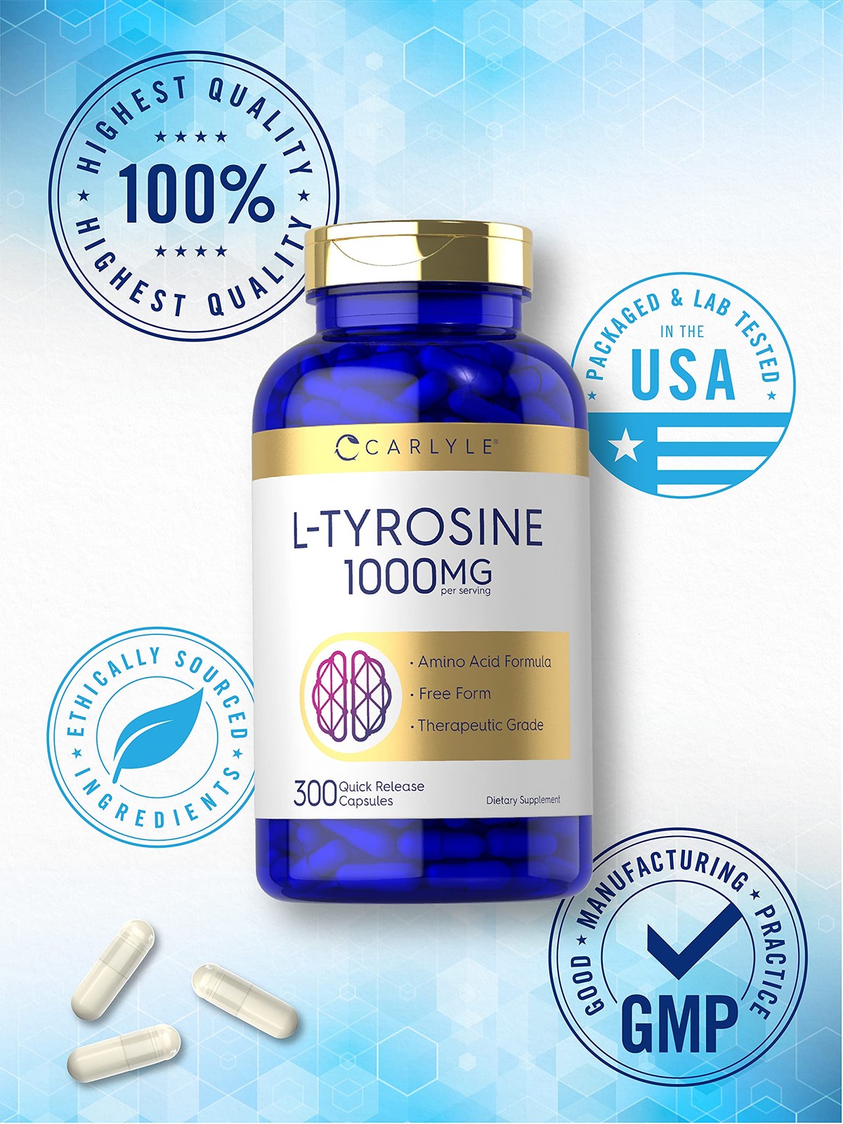 EXP:08/2026 Carlyle L Tyrosine Capsules 1000mg | 300 Count | Therapeutic Grade |
