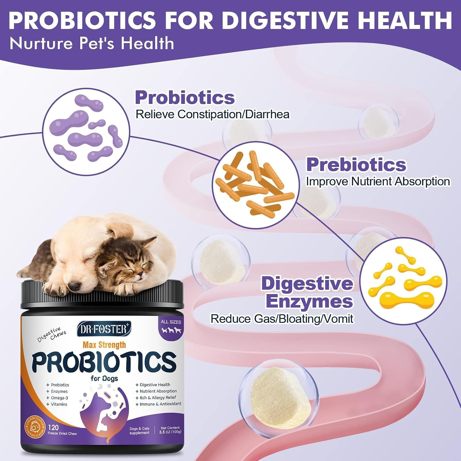 DRFOSTER Probiotics & Digestive Enzymes for Dogs, Freeze-Dried, 120 Bites | 3-In