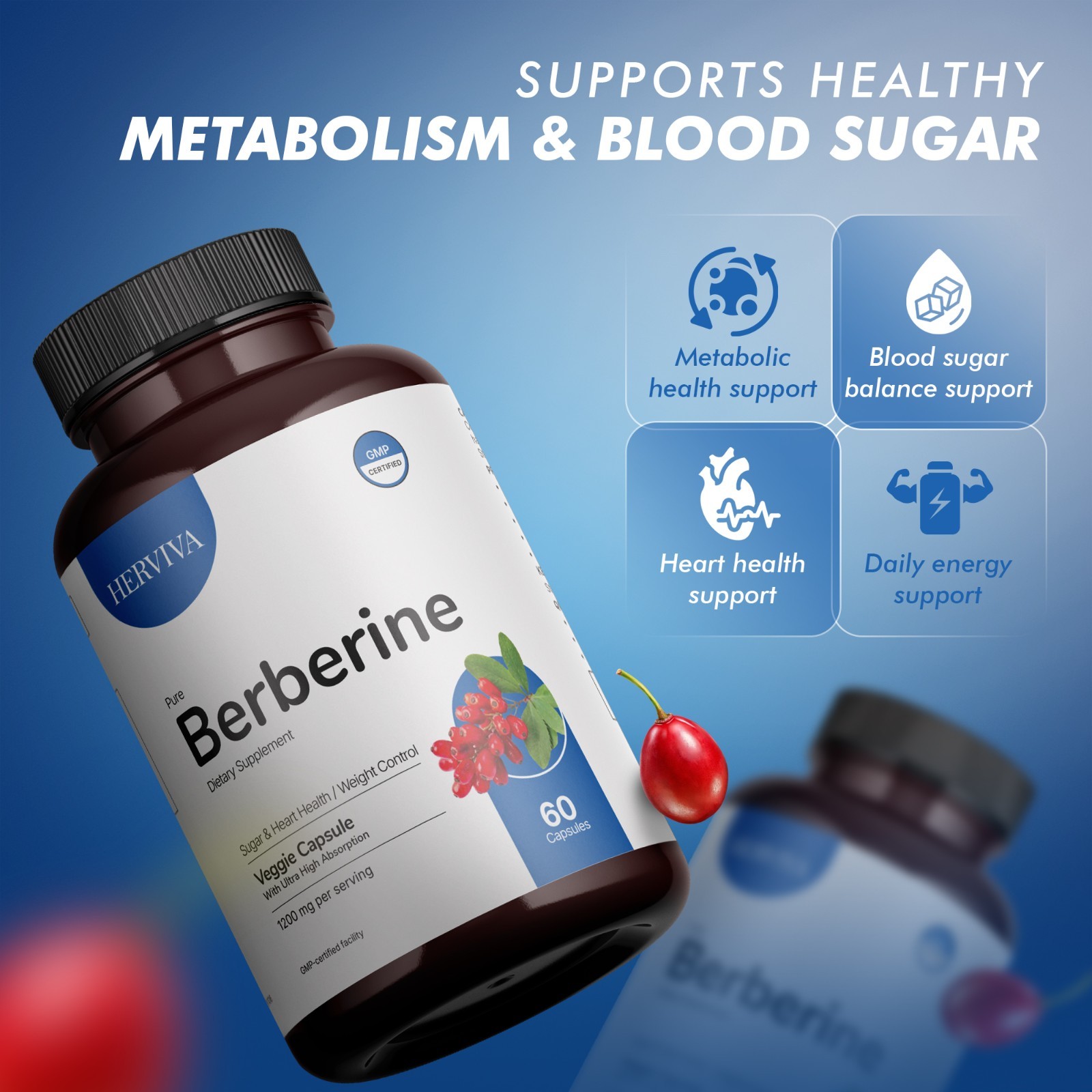 Pure Berberine 1200mg Supplement – 60 Vegan Capsules | High Absorption Formula