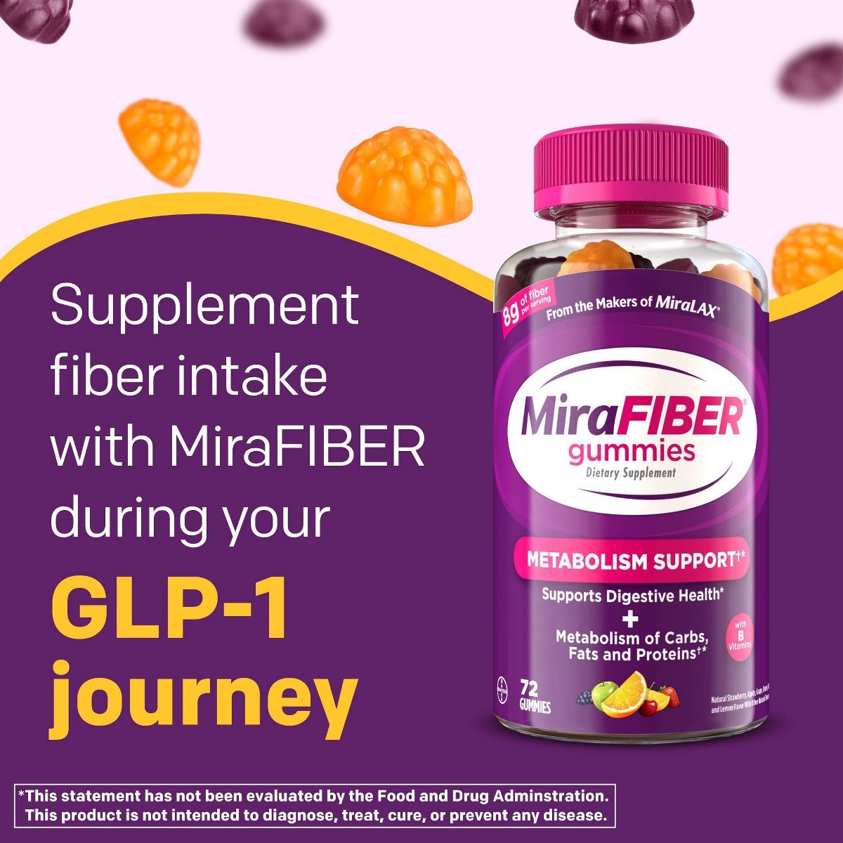 MiraFIBER Gummies from The Makers of MiraLAX, 8g of Daily Fiber Per Serving,72ct