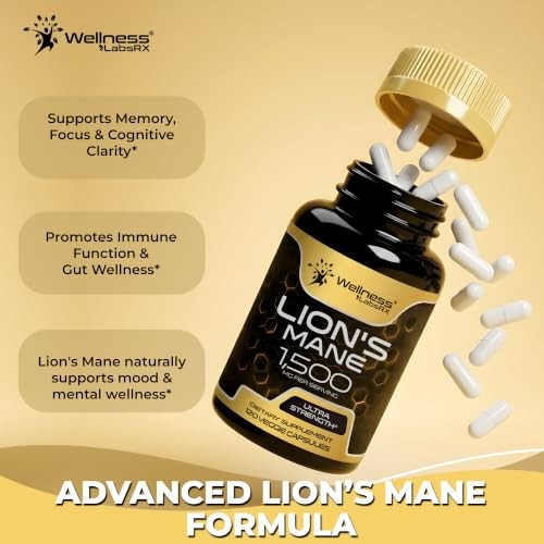 Organic Lions Mane Mushroom Capsules, 120 Count – Brain Focus, Memory, Cognitive