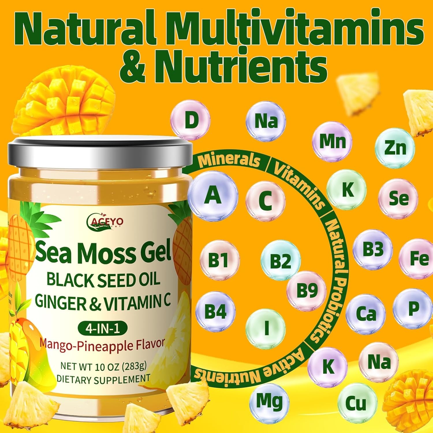 ACEYO Sea Moss Gel 4-in-1 Mango Pineapple Vegan Superfood 10oz