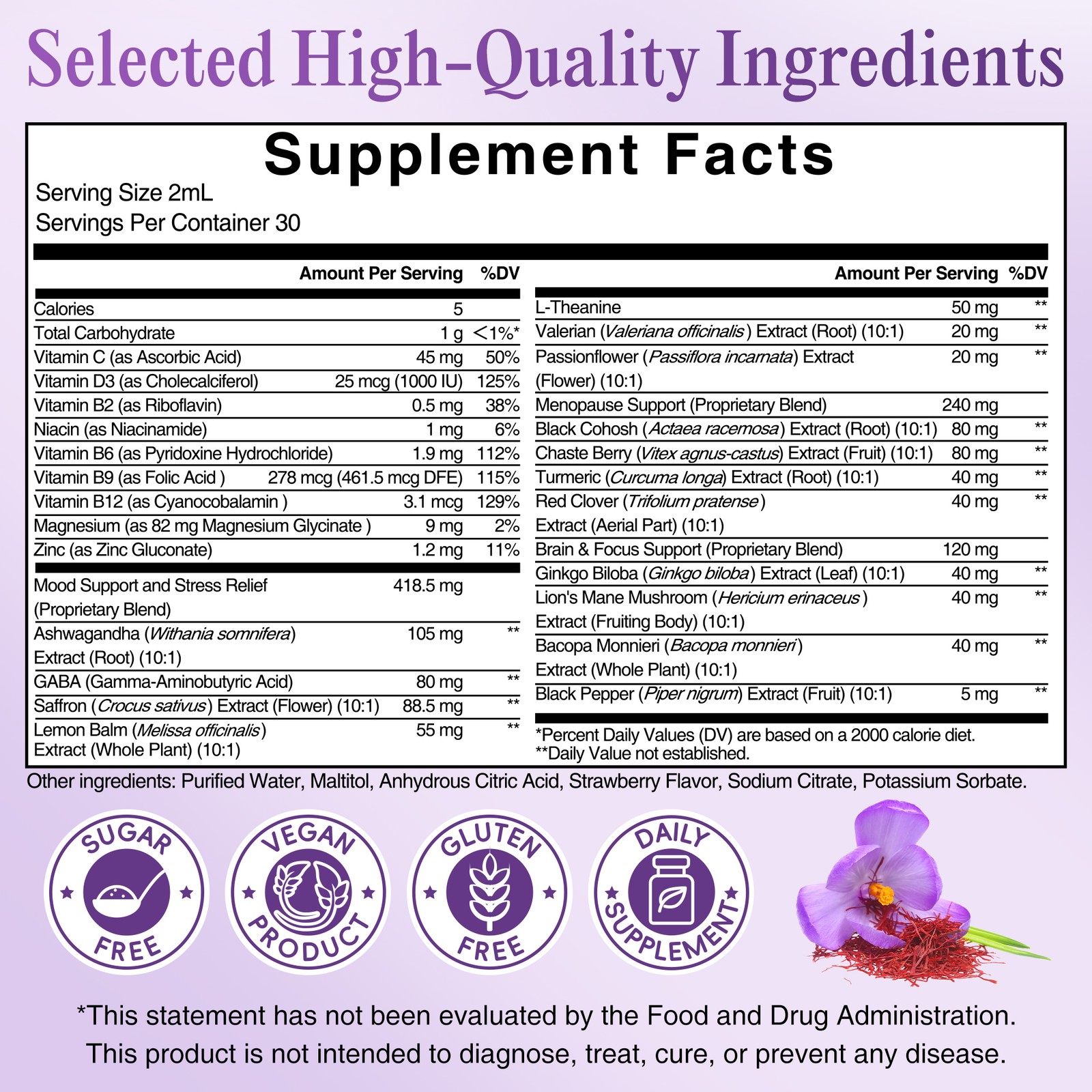 Saffron Supplements 88.5 mg &Ashwagandha, Magnesium, Zinc, B12 & D3 2oz