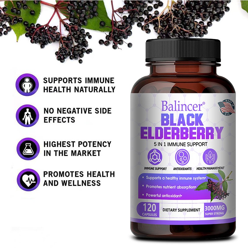 Black Elderberry 3000 mg Gluten Free,Non-GMO,Powerful Antioxidant 30/60/120 Caps