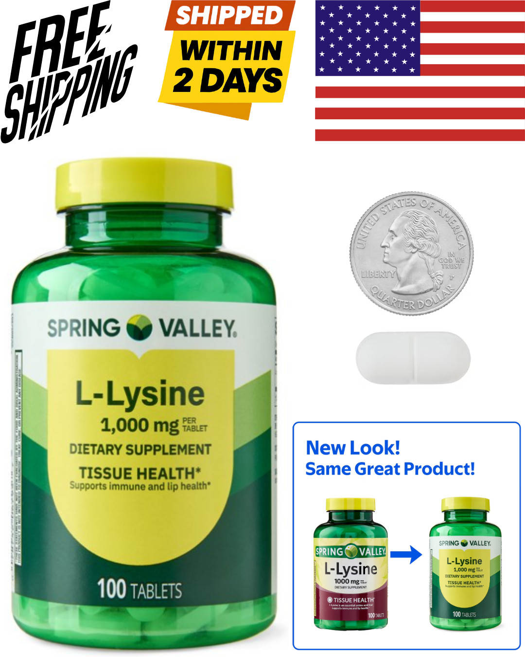 Spring Valley L-Lysine 1000 mg Tablets, 100 Count – Supports Immune Health