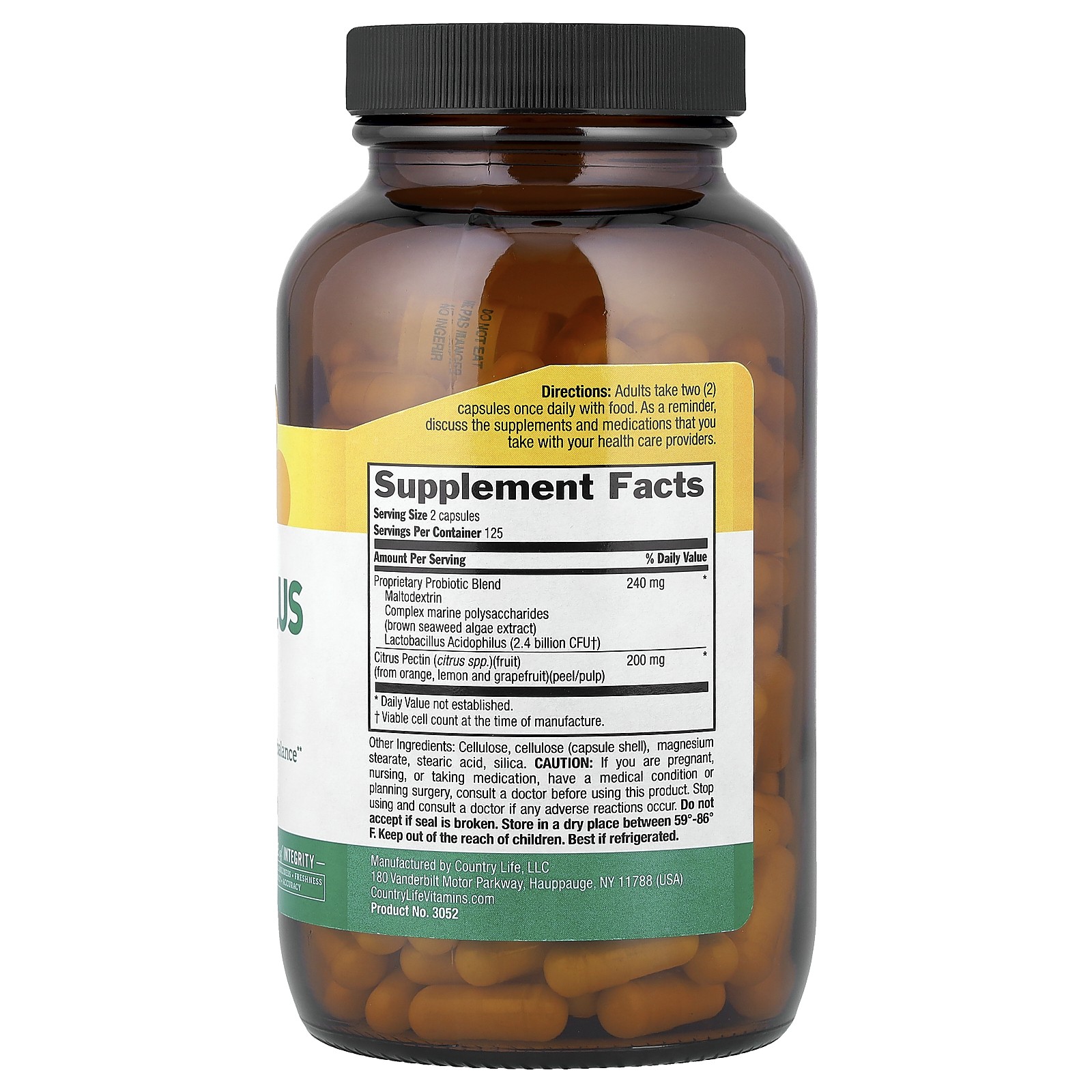 Country Life Acidophilus with Pectin 250 Veggie Caps Dairy-Free, Gluten-Free,