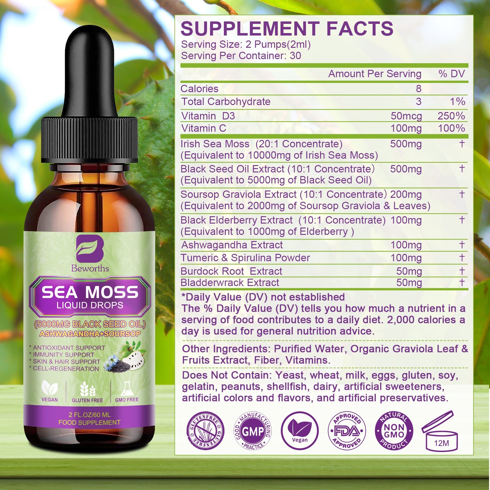 2 Pack Certified Organic Sea Moss Drops Irish Sea Moss Bladderwrack Burdock Root