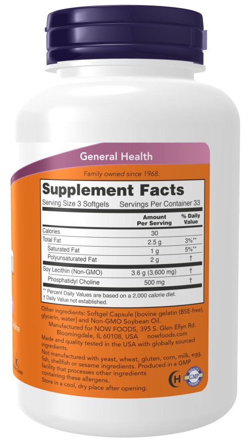NOW Foods Lecithin 1200 mg 100 Softgels Non-GMO 04/2028EXP Brain Nerve support