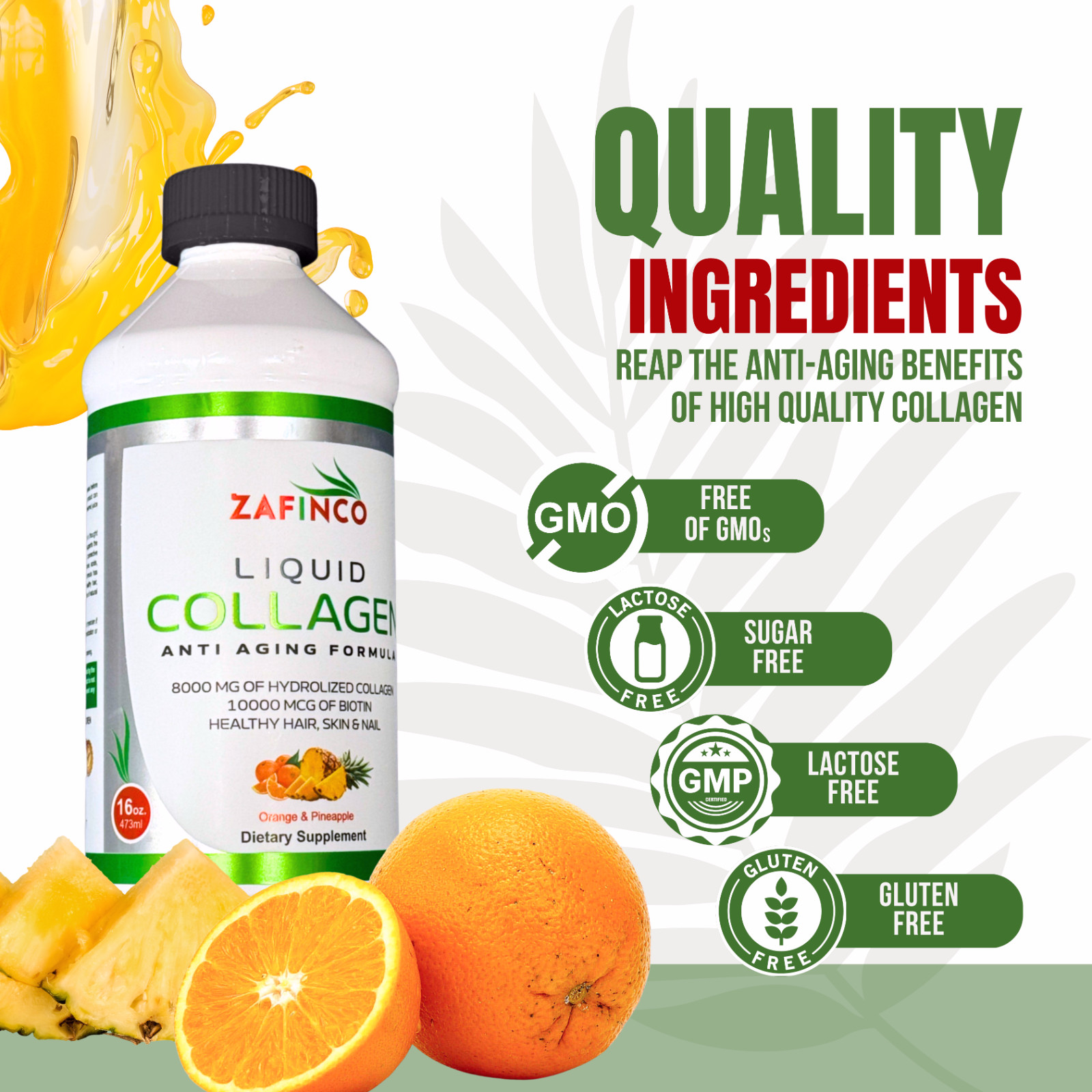 ZAFiNCO- Liquid Collagen, Extra Strength Sugar Free Biotin, Orange -Pineapple