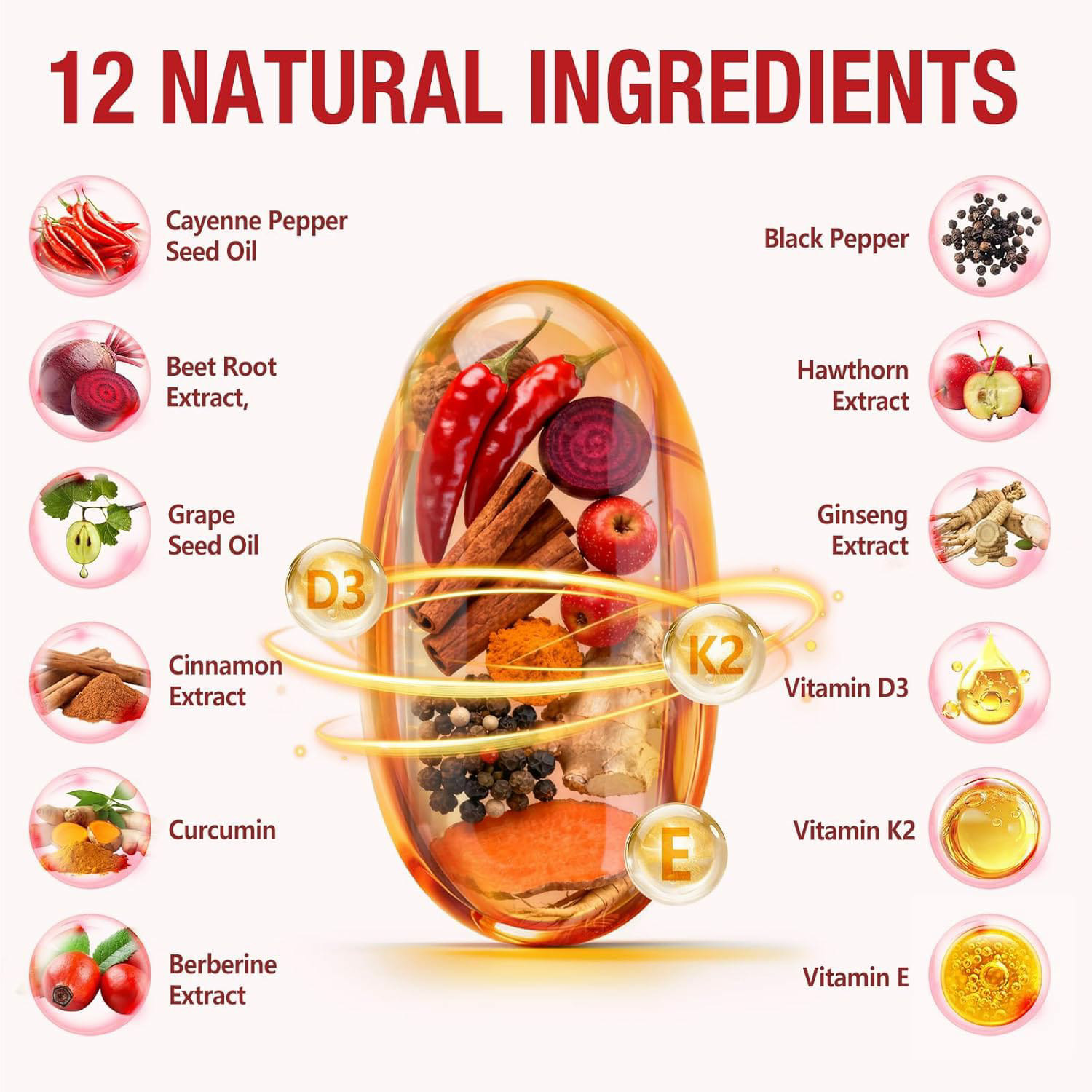 Cayenne Pepper Softgels 240 Ct D3 K2 E Turmeric Berberine Blood Circulation