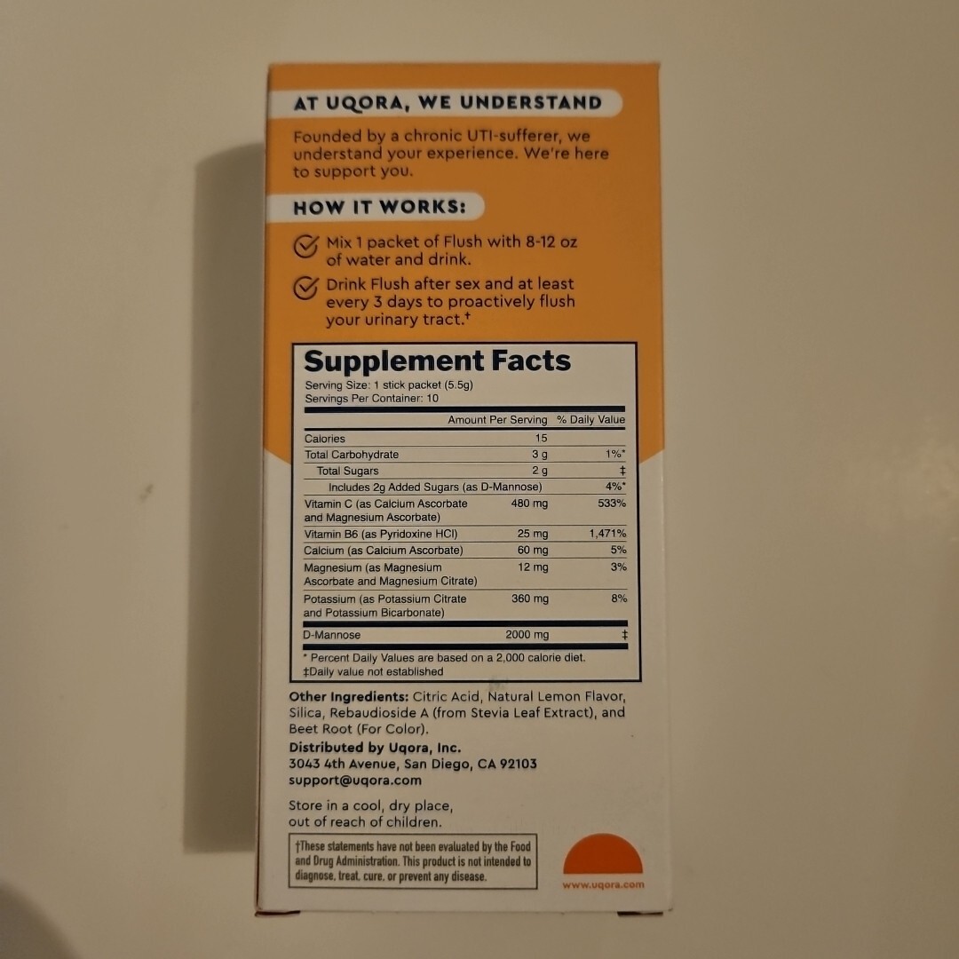 Uqora Drink Mix 1: FLUSH Supplement 10 Packets Pink Lemonade Exp 2025+