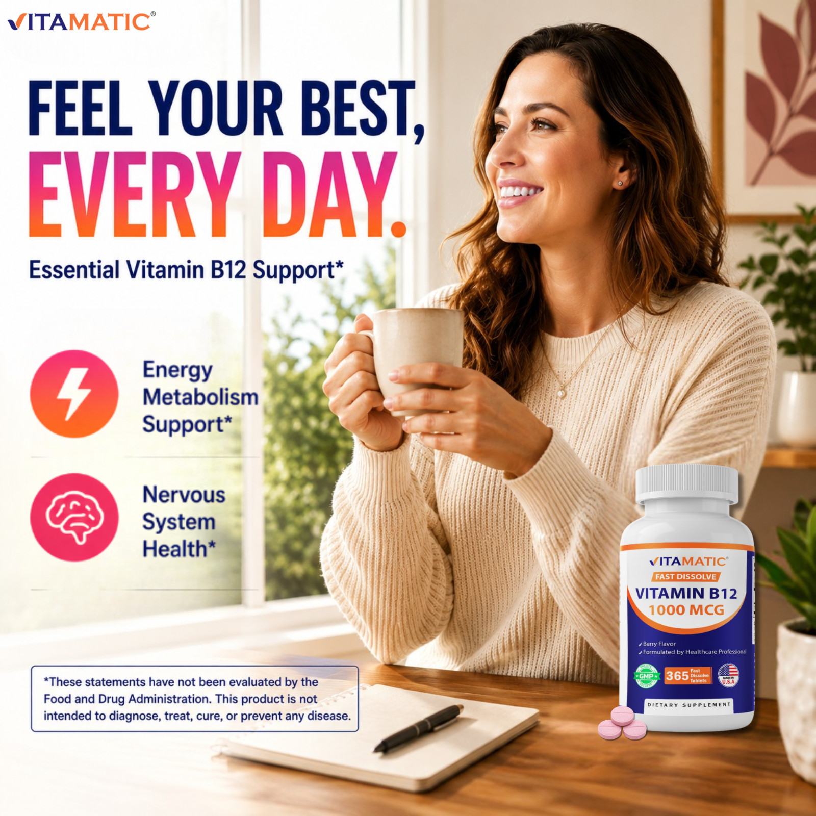 (2 Pack) Vitamatic Vitamin B12 1000 mcg Fast Dissolve 365 Tablets-Berry Flavor