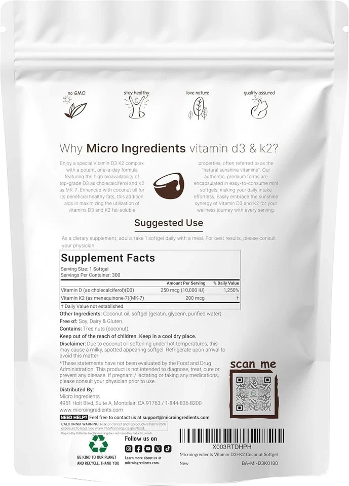 Vitamin D3 10000 iu Plus K2 (MK-7) 200 mcg, 300 Virgin Coconut Oil Softgels NEW