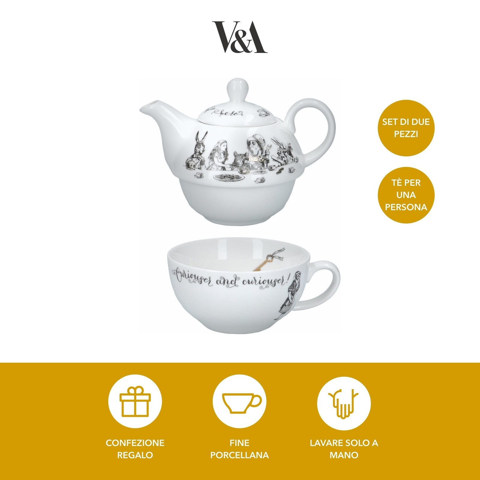 V&A Alice in Wonderland Teapot and Cup Set For 1 in Gift Box, Fine China Tea …