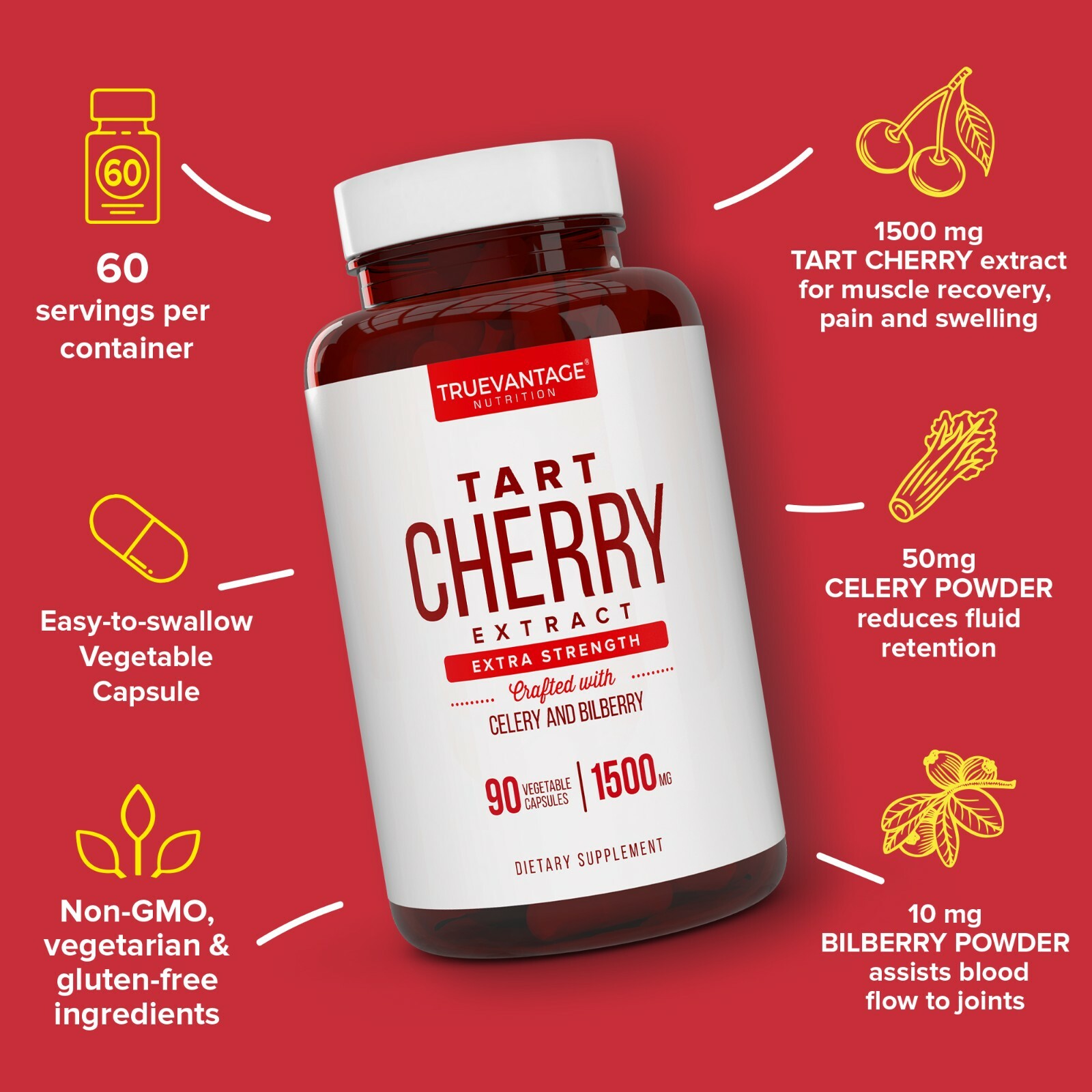 Extra Strength Tart Cherry Extract 1500mg Plus Celery Seed and Bilberry Extract