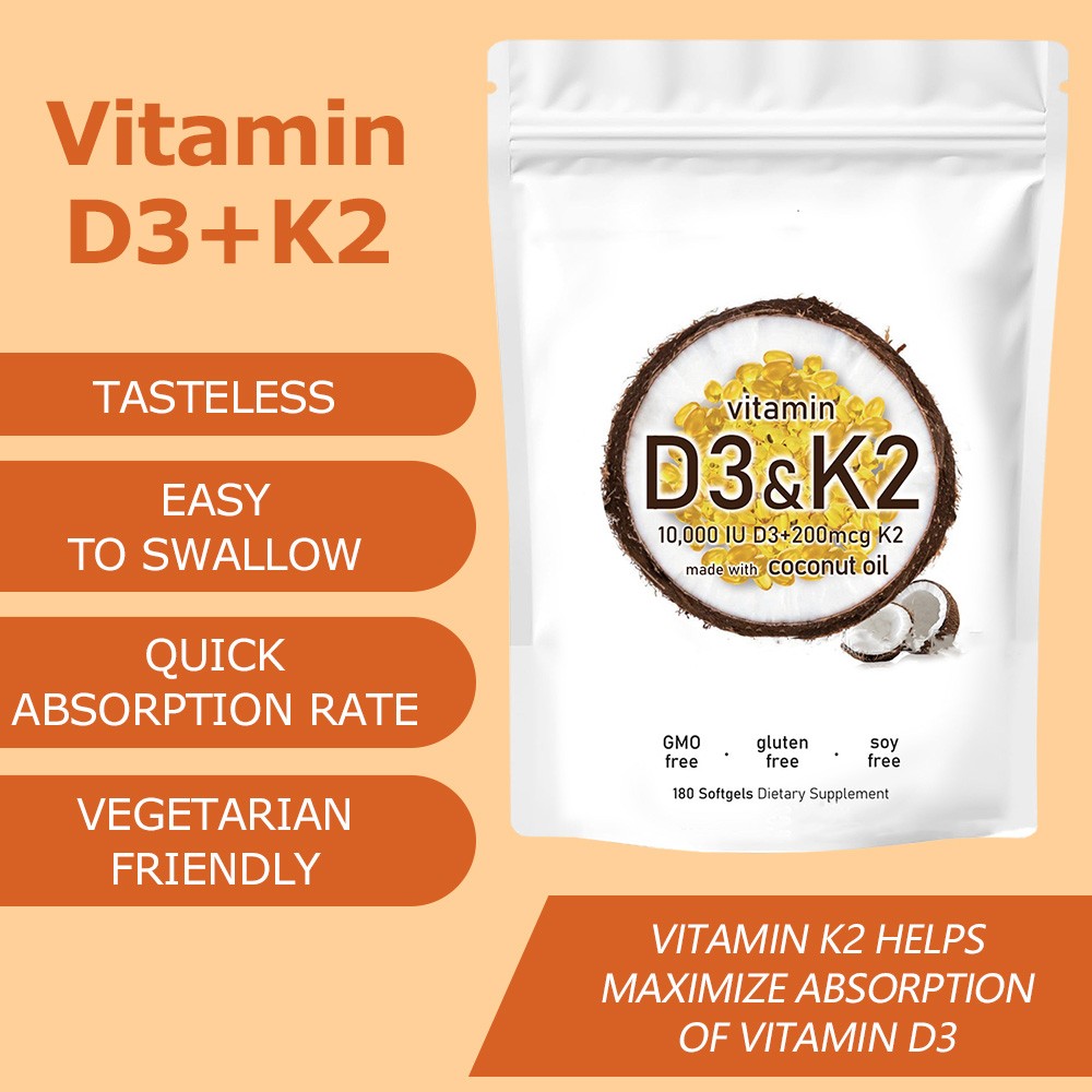 1 in 2 Vitamin D3 K2 Supplement Softgels 180 capsules 10000 IU VIT D3+K2 200 MCG