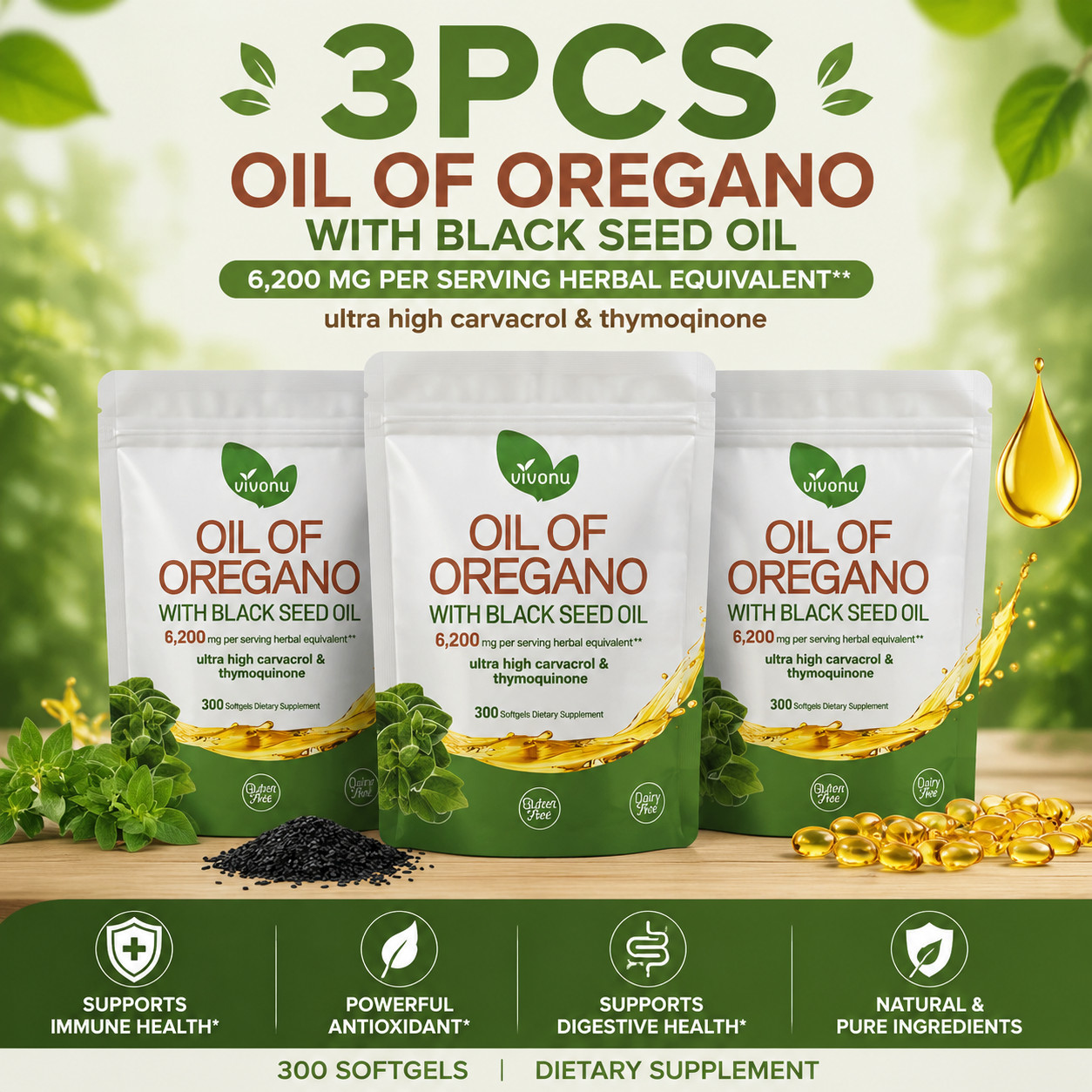 3PCS Powerful Synergy Oregano Oil & Black Seed Oil – Immune Boosting Capsules
