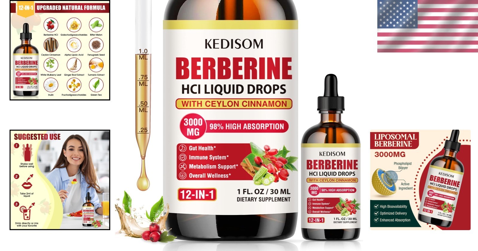 Natural Berberine Drops – 12-in-1 Wellness Support, Convenient 1 Fl Oz Bottle