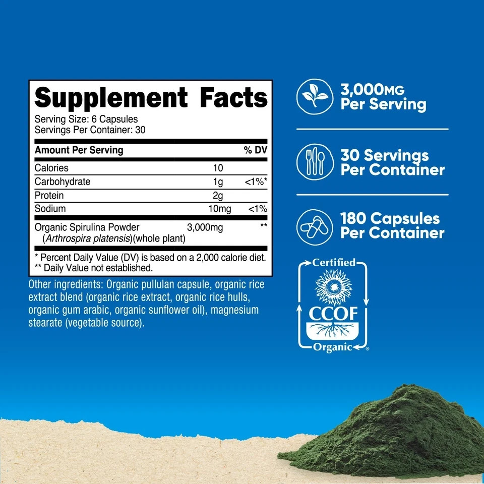 Nutricost Organic Spirulina 3000mg 180 Capsules Gluten Free Vegetarian