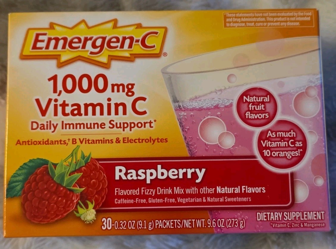 Emergen-C (30 Count, Raspberry Flavor, 1 Month Supply) Dietary Supplement Fizzy