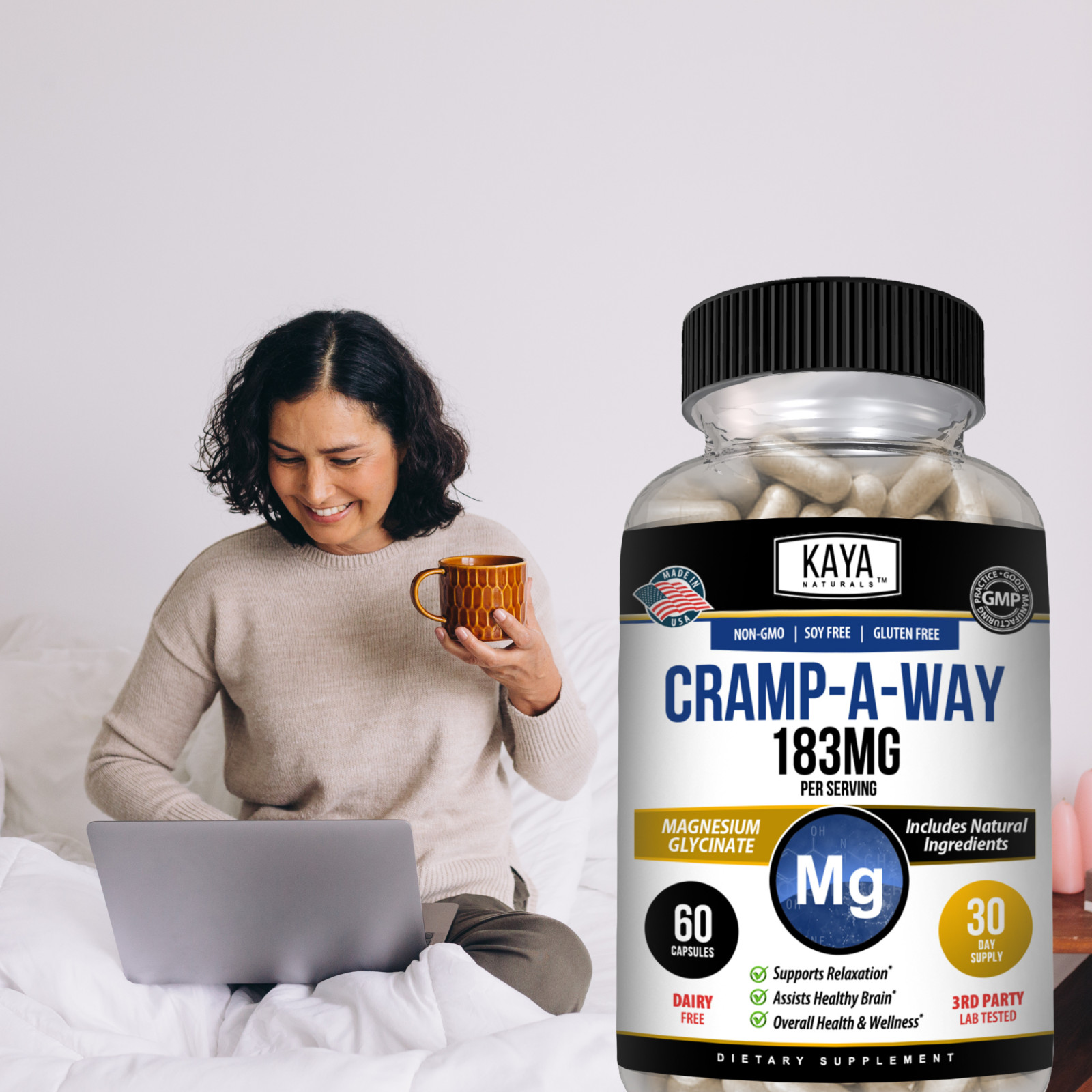 (2 Pack) Cramp-A-Way 60ct Magnesium Glycinate, Sleep Aid, Joint & Bone Support