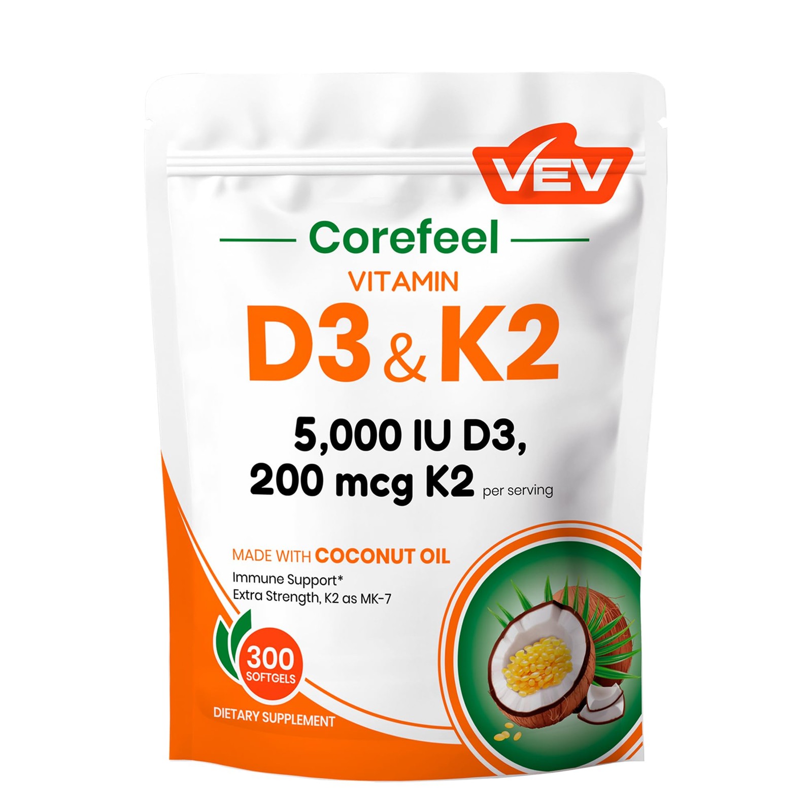 VEV Corefeel Vitamin D3 K2 5,000 IU, 100 mcg 300 Count (Pack of 1), White-4