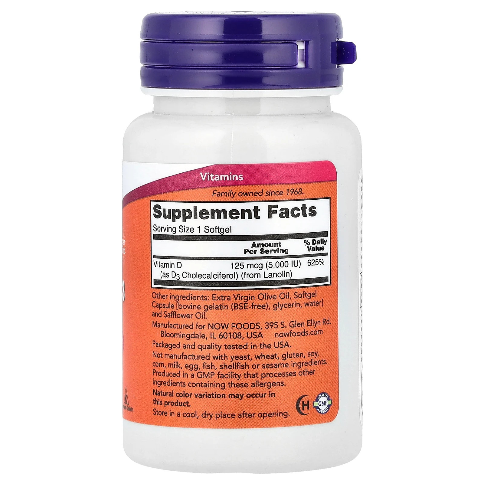 Now Foods Vitamin D-3 5 000 IU 240 Softgels GMP Quality Assured, Kosher