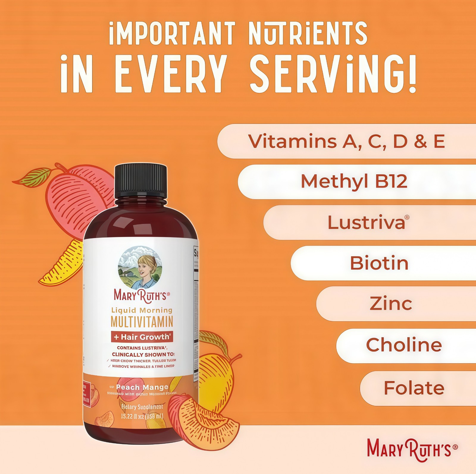 Mary Ruth’s Multivitamin + Hair Growth | 3 Pack | Peach Mango 15.22 oz brand…*