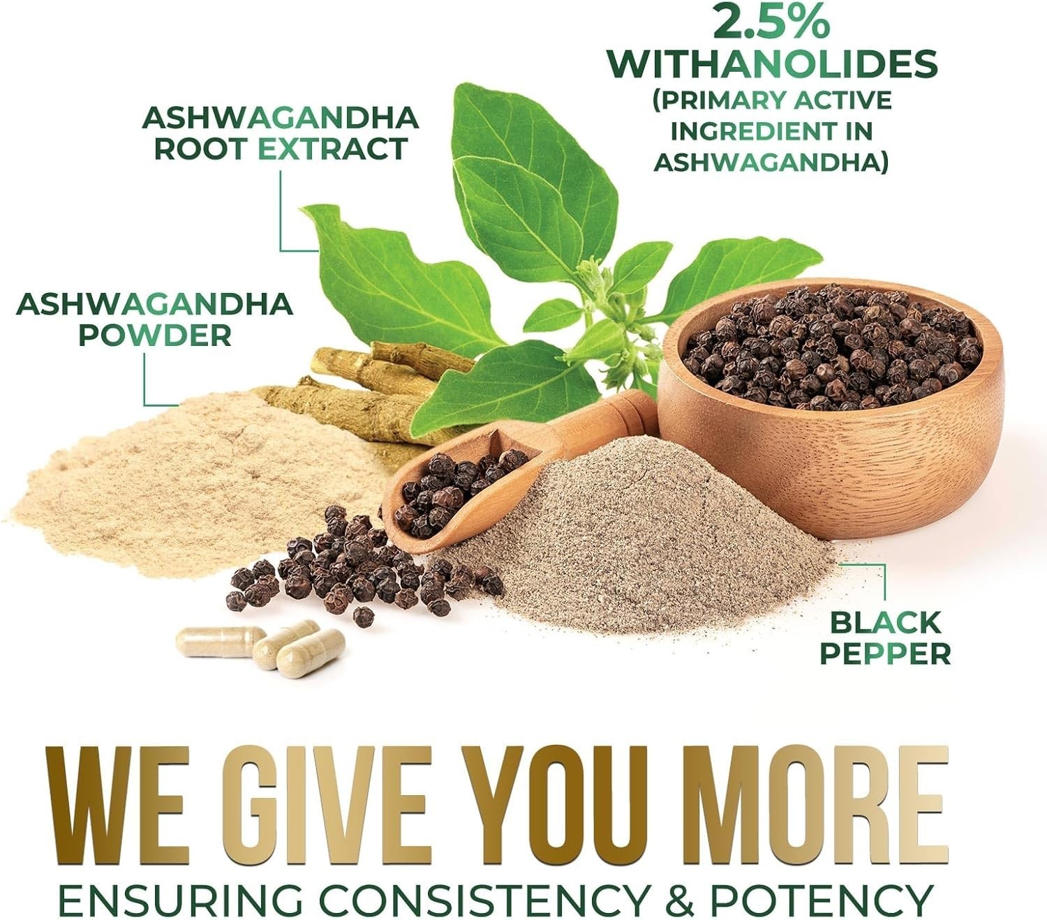 Organic Ashwagandha 2100mg, 60 Capsules w/ Black Pepper Root Supplement