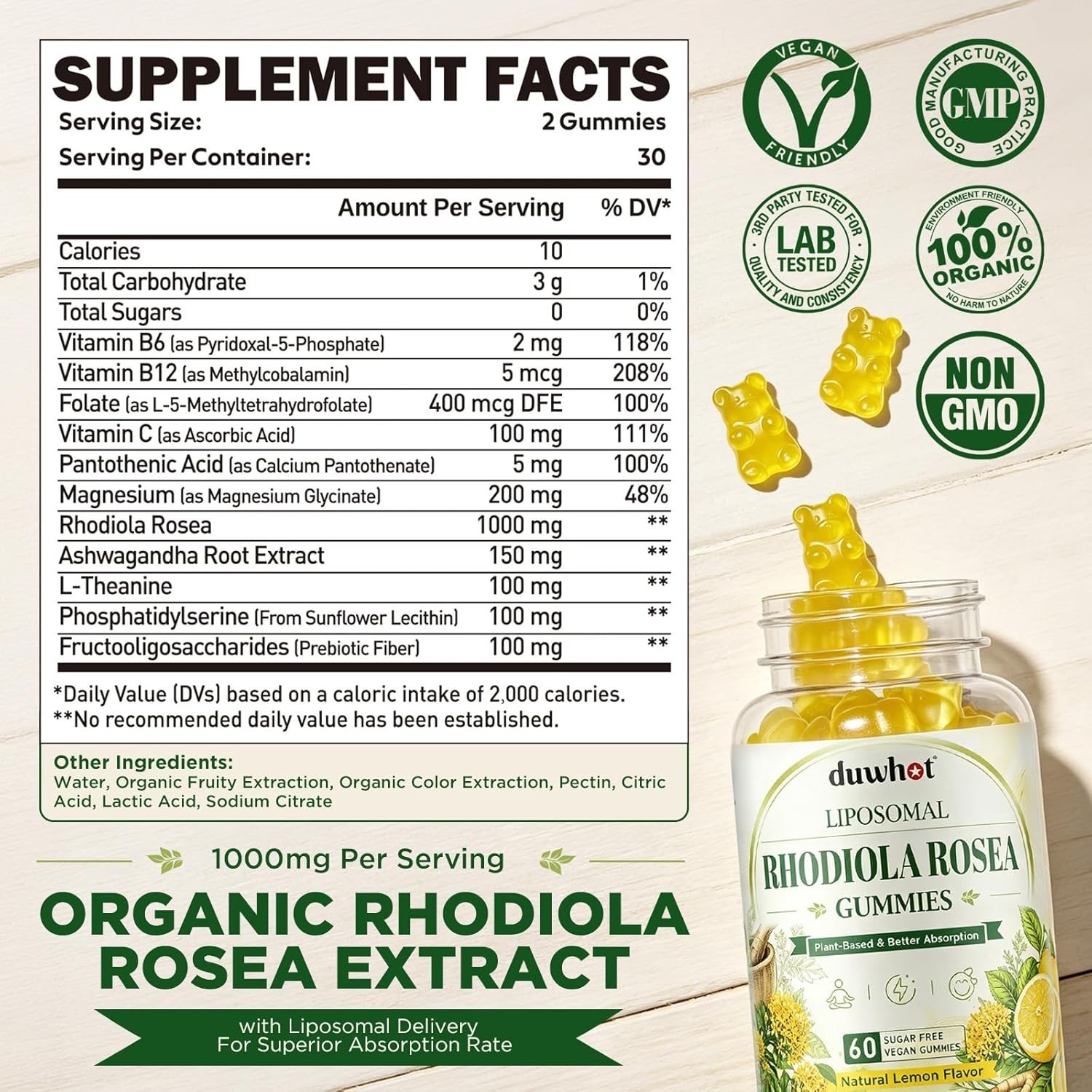 duwhot Liposomal Rhodiola Rosea Gummies Sugar Free, Organic Rhodiola Rosea