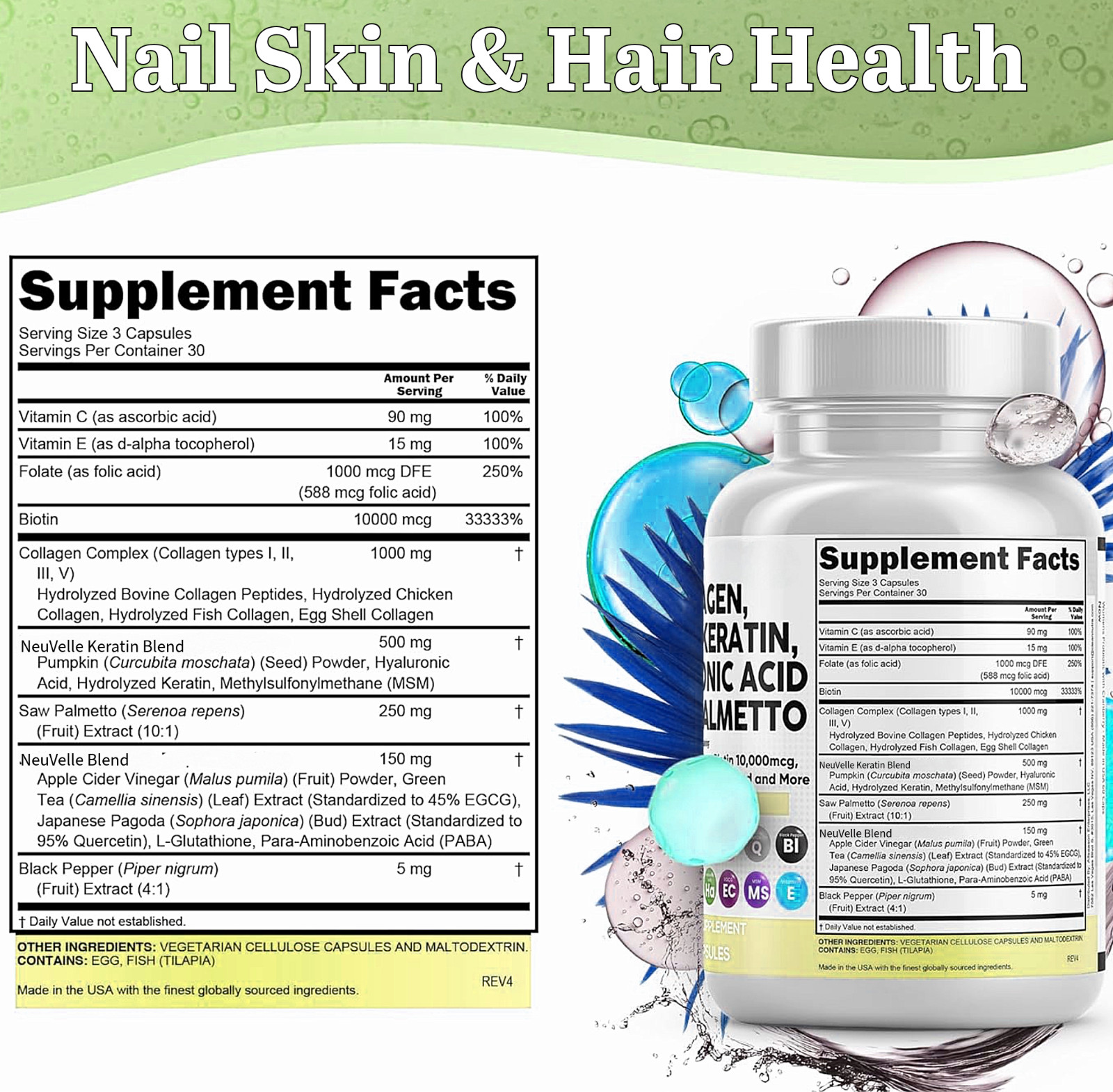 Collagen, Biotin, Keratin, Hyaluronic Acid, Saw Palmetto, Vitamin C PABA 90 CAPS
