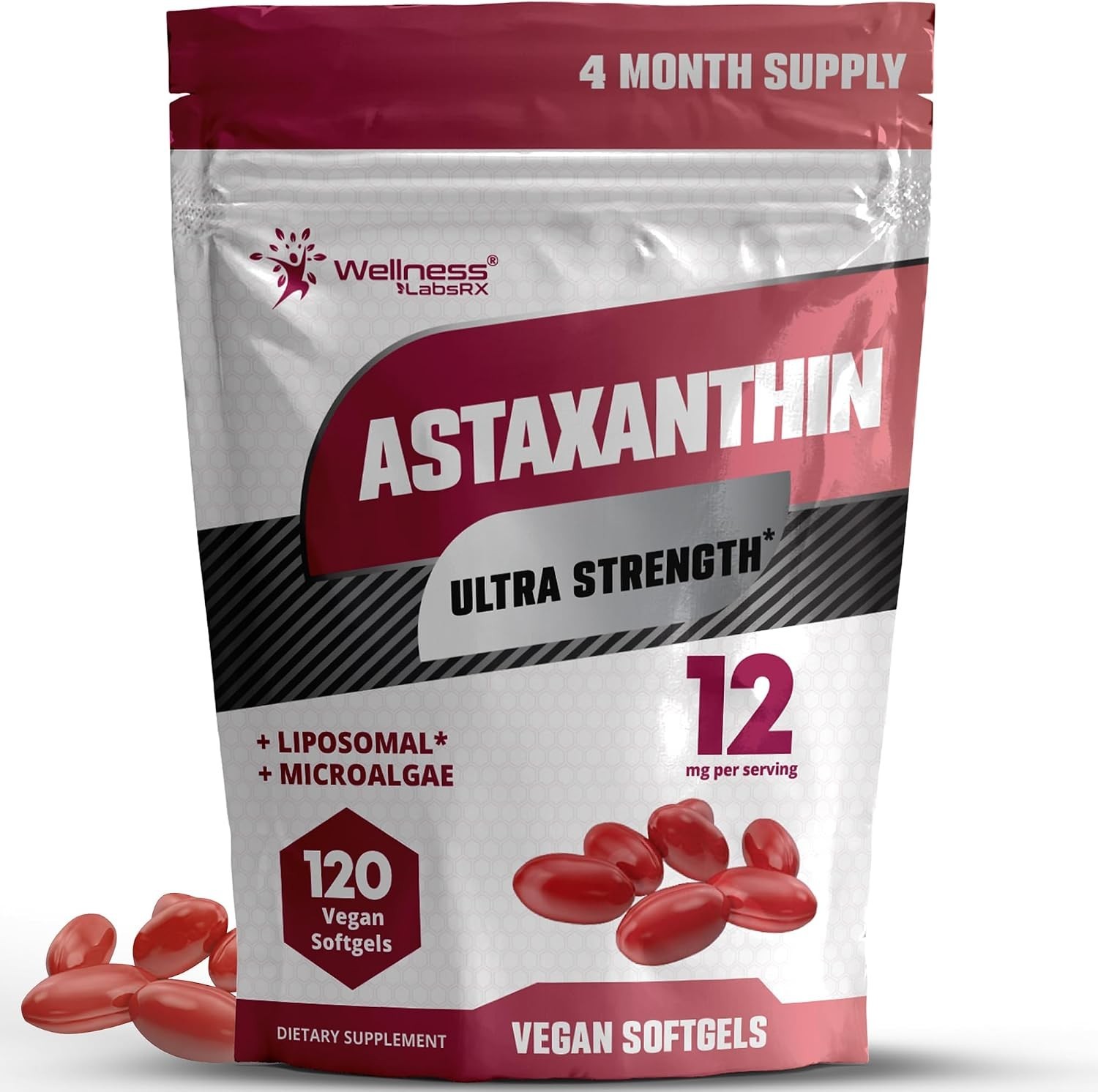 Liposomal Astaxanthin 12mg – 120 Vegan Softgels, 4 Month Supply, Natural Astaxan