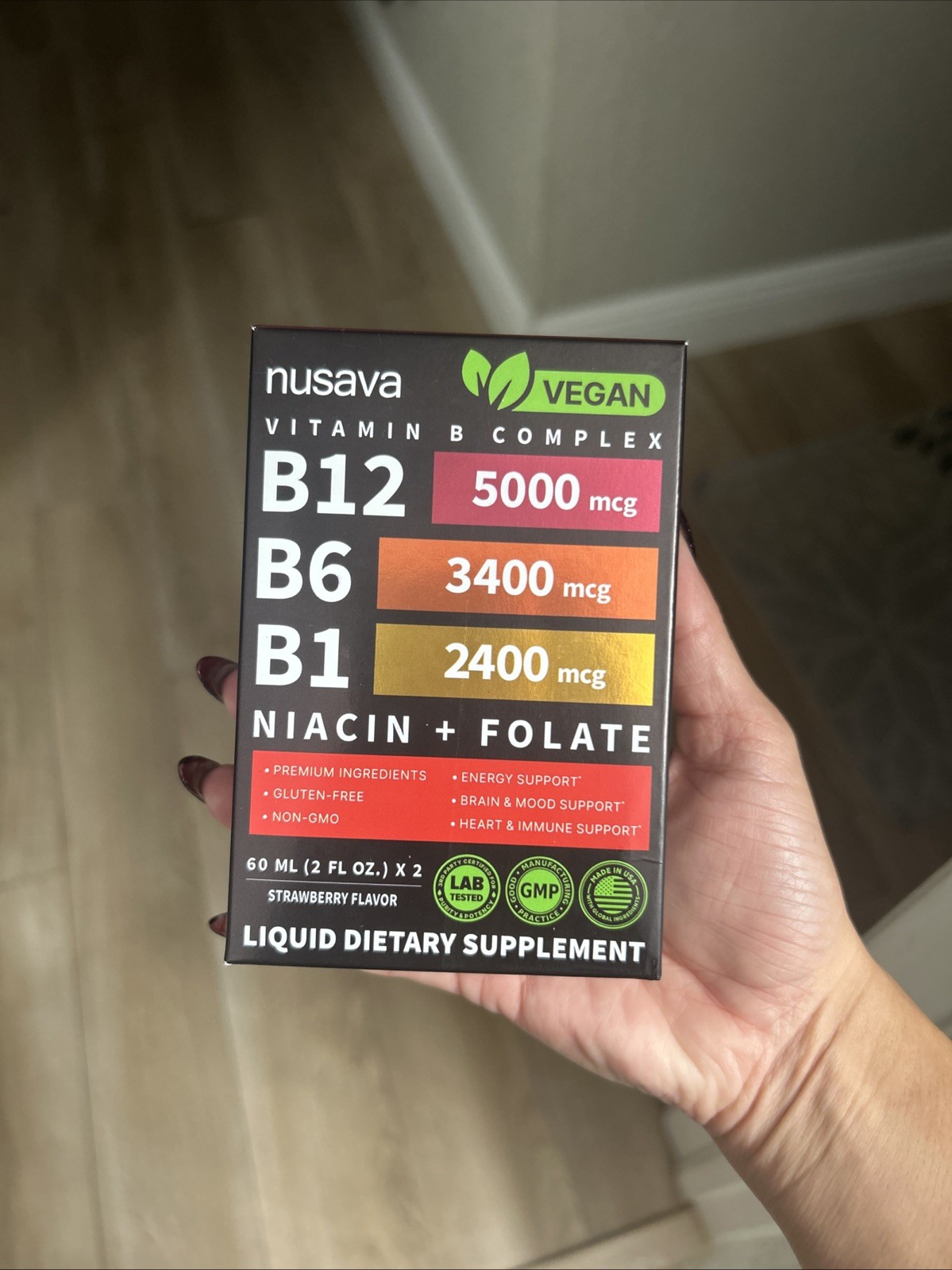 Nusava Vegan Vitamin B Complex Liquid Drops B12 5000mcg Strawberry 2x2oz