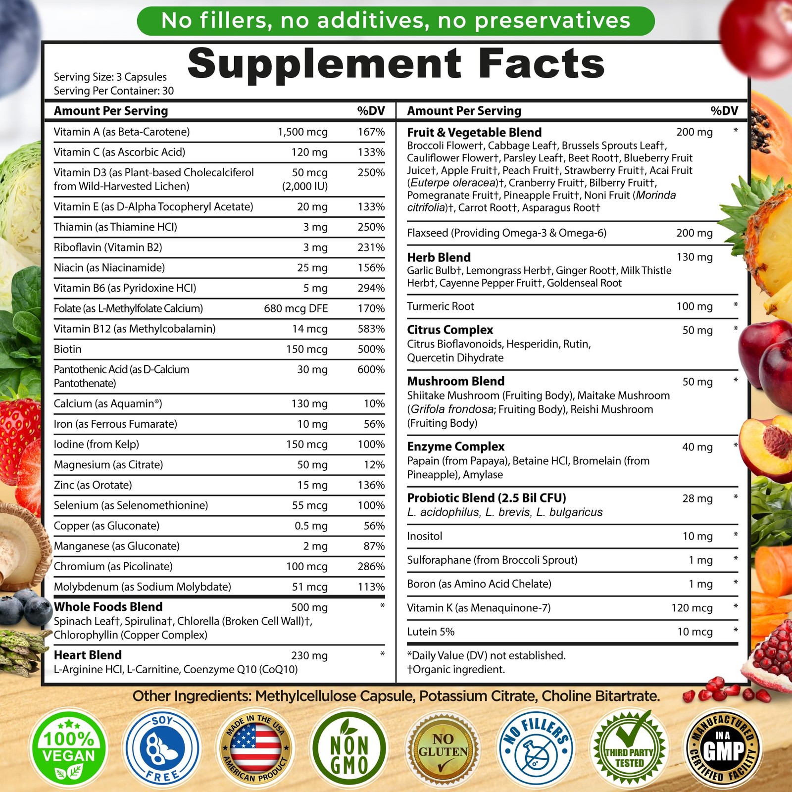 Vegan Whole Food Multivitamin w/ Iron Methylated B-Complex CoQ10 Turmeric 90