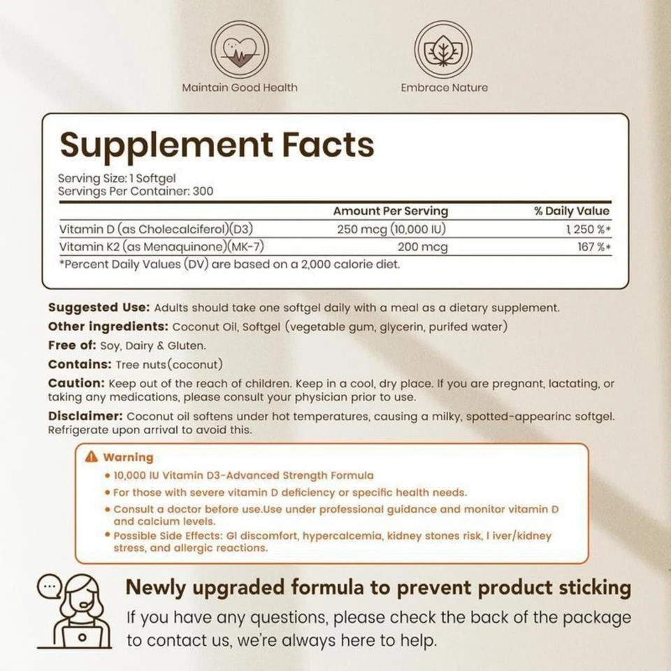 VEV Vitamin D3 K2 MK7 Softgels,10000IU D3 +200mcg K2 with Coconut Oil,300 Count