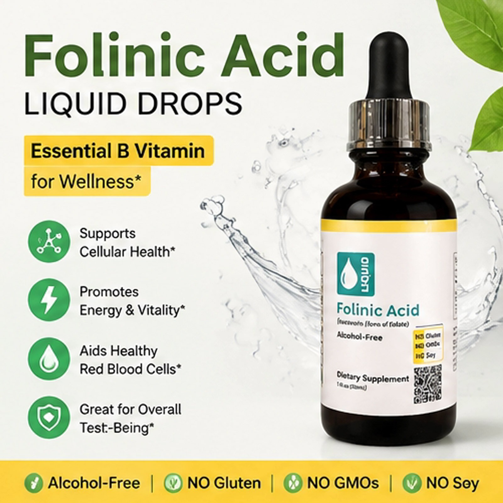BUY 2 GET 1 FREE California Gold Nutrition Folinic Acid Alcohol 1oz/30ml- 3 Pack