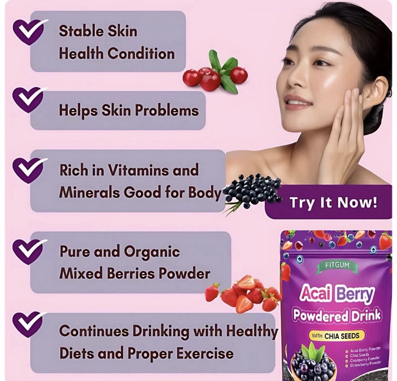 3 Packs FITGUM Acai Berry Drink Powder w/ Chia & Collagen – 30 Sachets