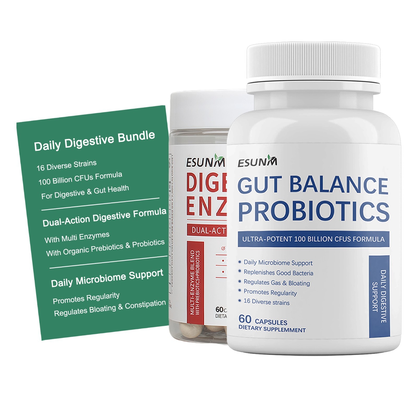 ESUNM Digestive Enzymes Bundle (2-Pack): Digestive Enzymes 60ct + Probiotics 60c