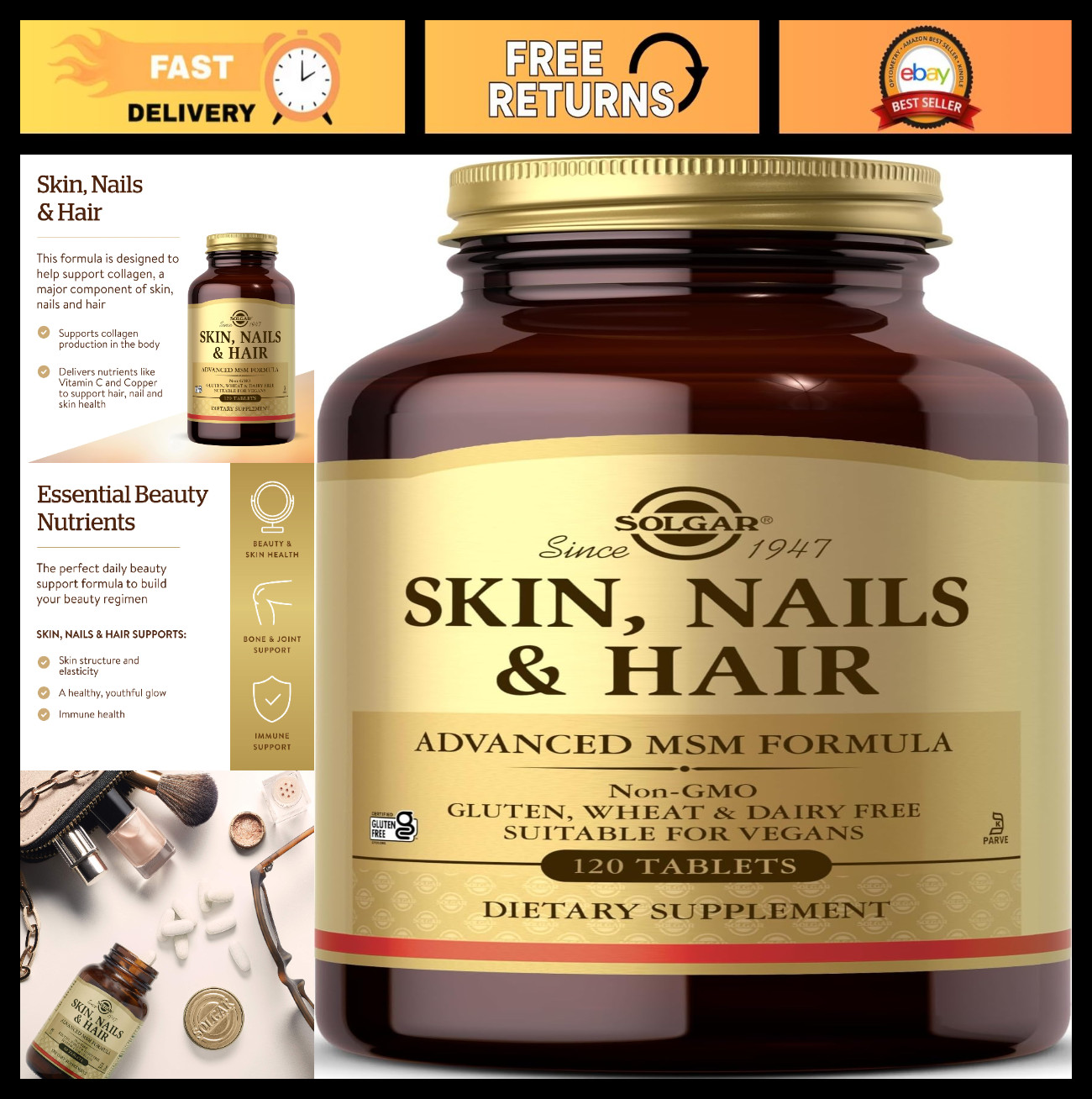 Advanced MSM Formula for Skin, Hair & Nails – 120 Tablets, Vegan, Non-GMO, Zinc,