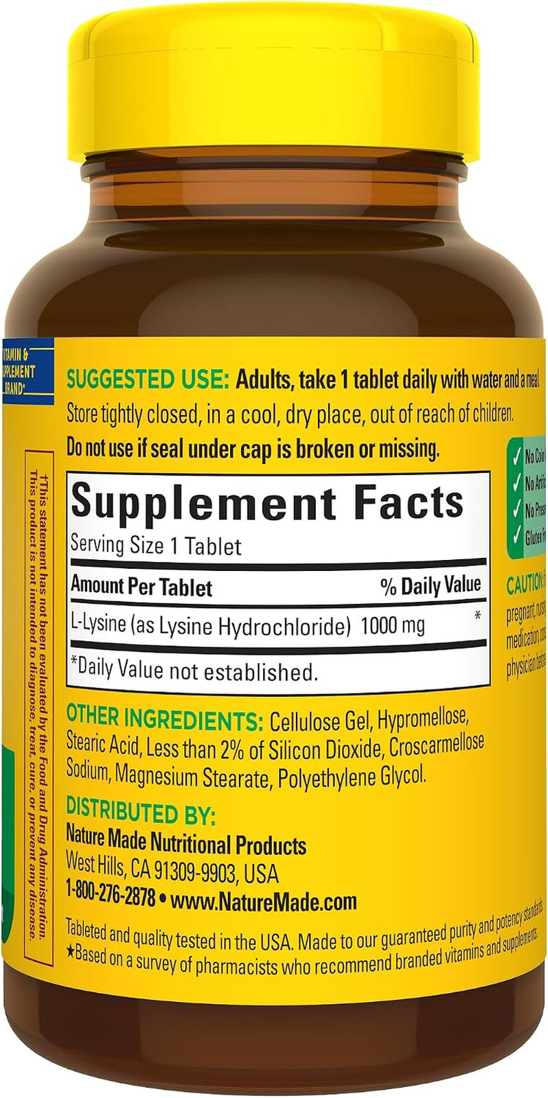 Nature Made L-Lysine 1000mg Extra Strength Protein Synthesis 60ct Pack of 3