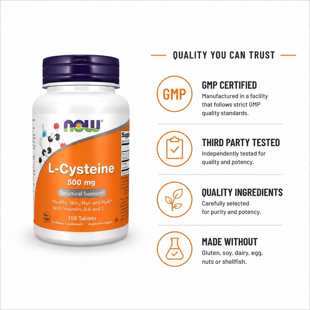 NOW L-Cysteine 500mg 100 Tablets Hair Skin Nails Antioxidant Detox Support