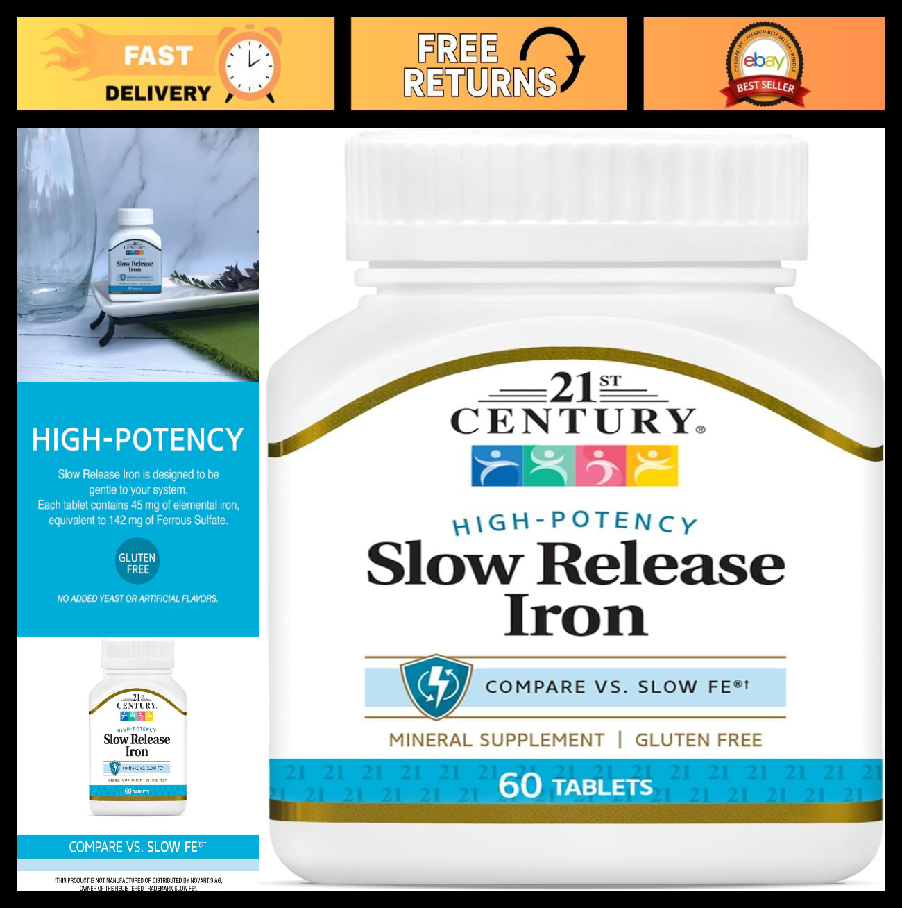 Slow Release Iron Tablets – 60 Count, Pack of 3 – Supports Energy & Blood Health