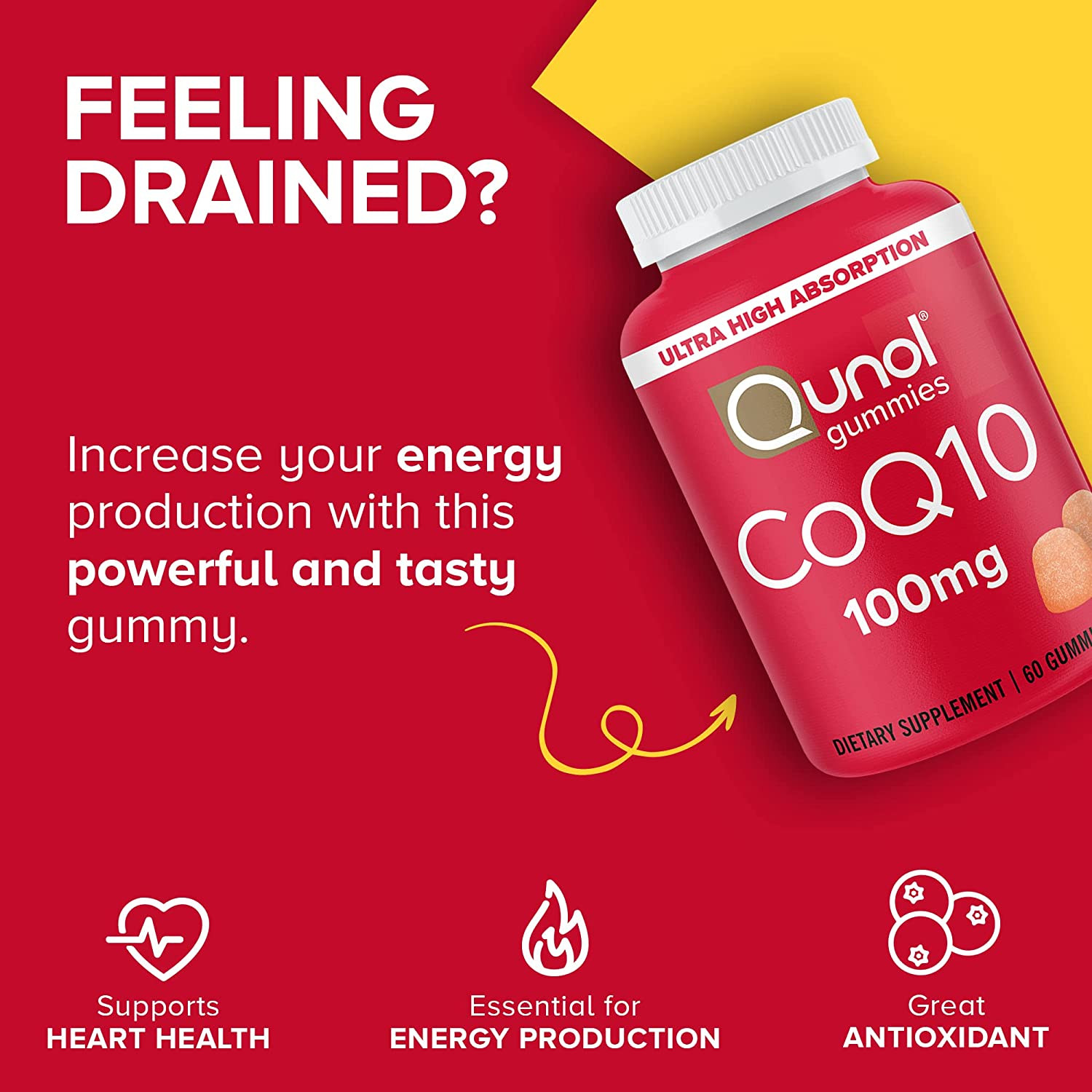 Qunol CoQ10 Gummies 100Mg, Heart Health Supplement, Vegan, Gluten Free, 2×60 Ct