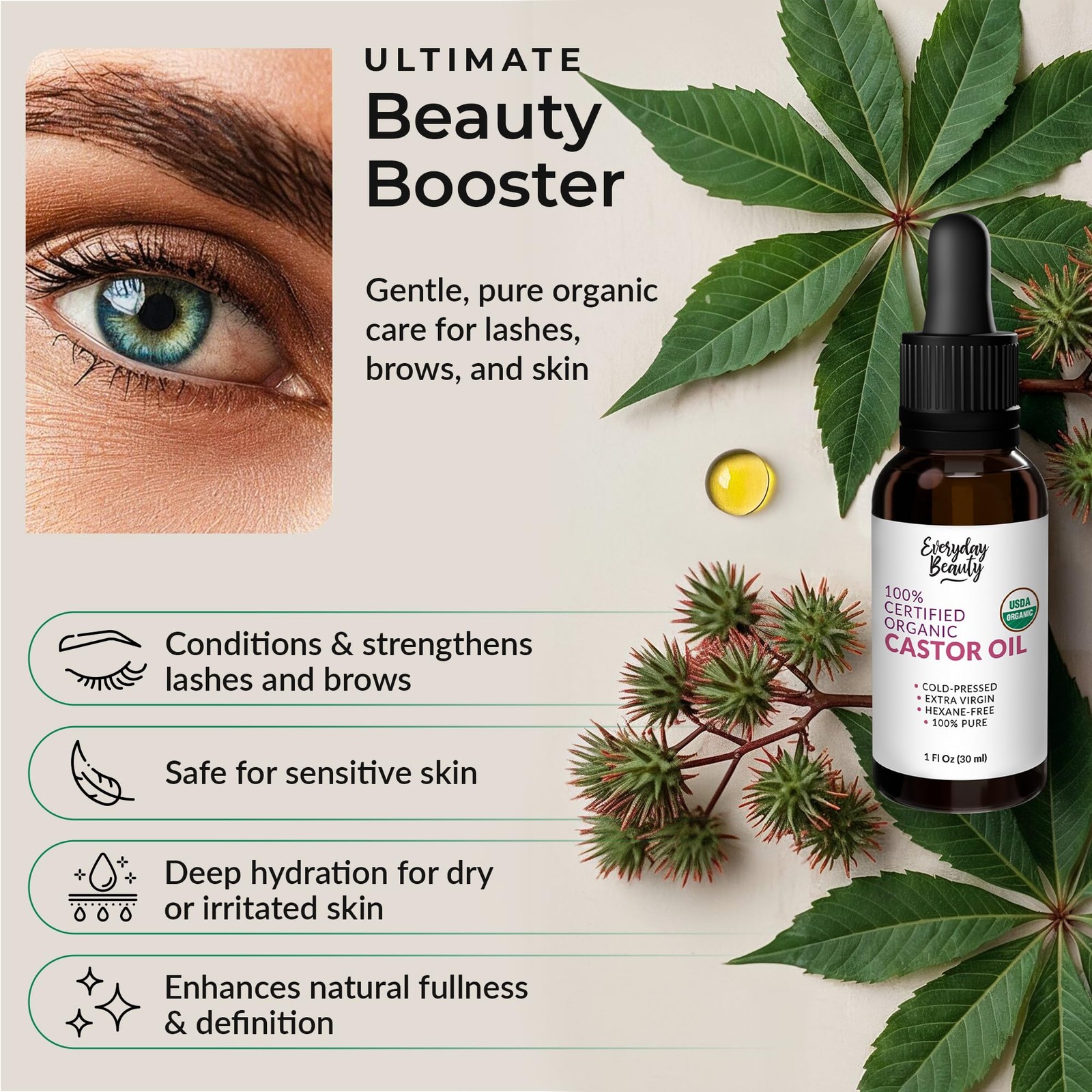 Organic Castor Oil – 100% Pure Certified USDA Organic, Cold Pressed & Hexane-Fre