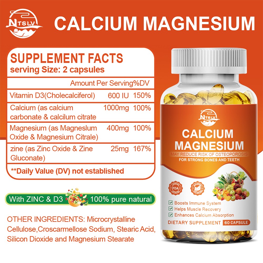 Calcium Magnesium 60 Capsules Bone Teeth Immune Support Supplement