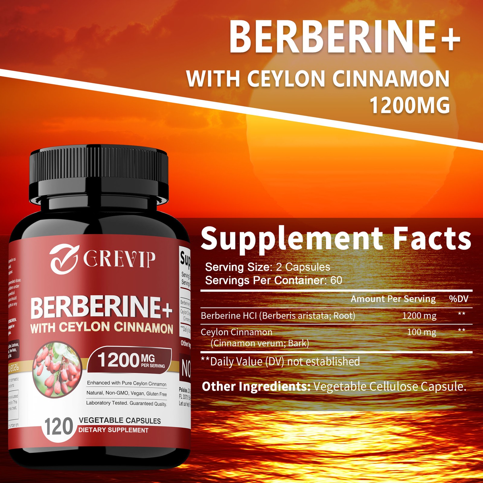 Berberine HCI+Ceylon Cinnamon 1200mg – Cardiovascular Health,Blood Sugar Support