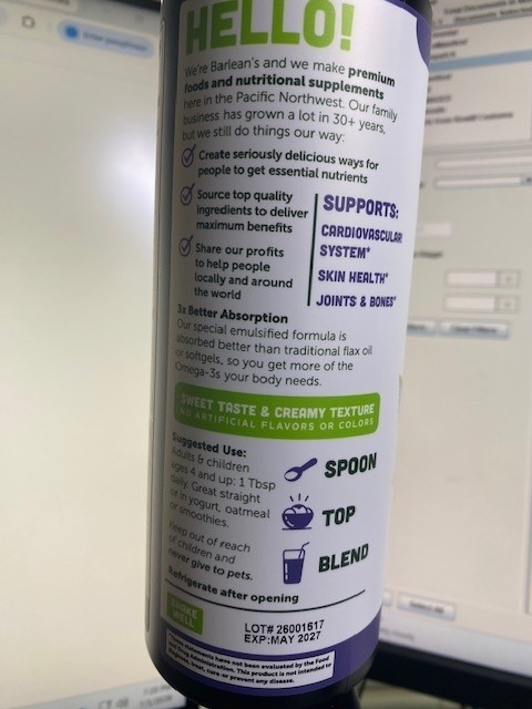**BRAND NEW** BARLEAN’S PLANT BASED OMEGA 3 BLACKBERRY SMOOTHIE** EXP 5/2027
